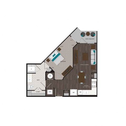 Floor plan for 1 bed, 1 bath, 613 sqft
